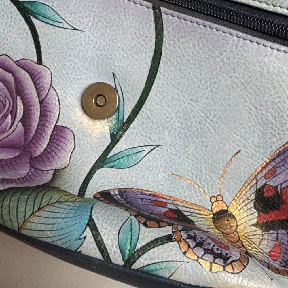Anuschka Hand Painted‎ Floral Butterfly Leather Shoulder Bag Blue Bug Insect